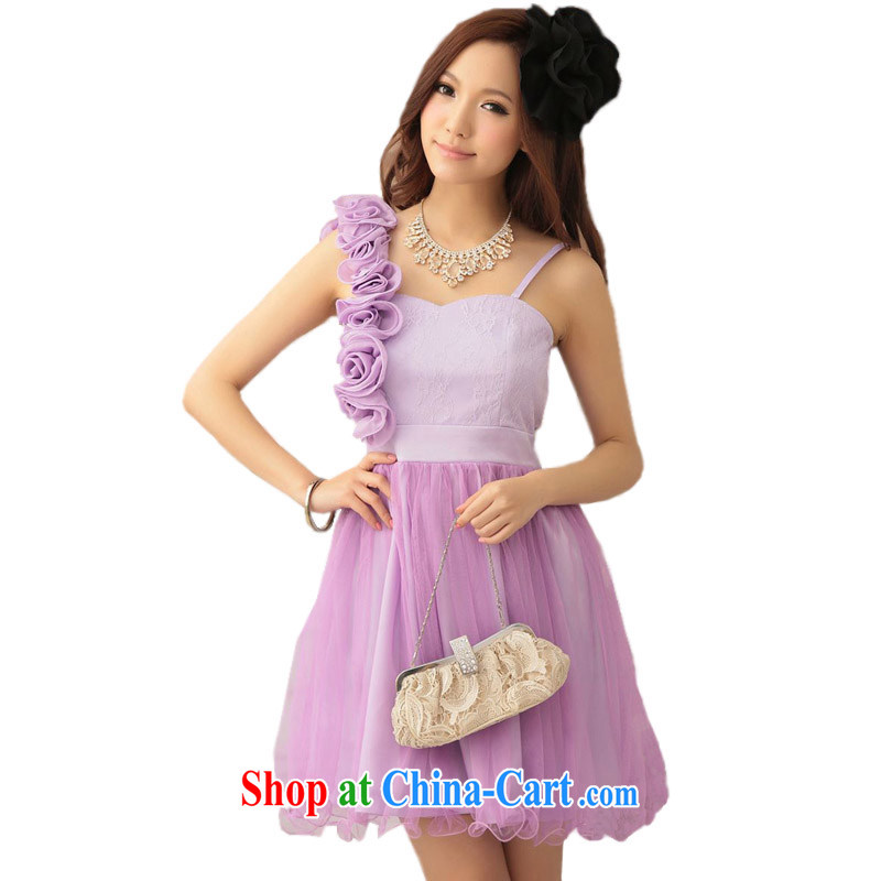 The heartrending single shoulder Princess Mary Magdalene chest small dress 2015 Korean short annual meeting hosted lace flowers the waist dresses 3759 light purple XL