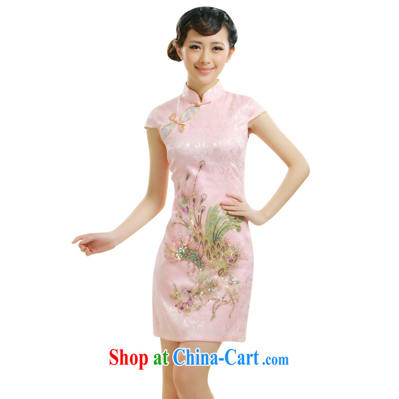 Slim li know 2015 spring and summer new auspicious Peacock Chinese Robes embroidery improved cultivation small dress QR 007 pink XL