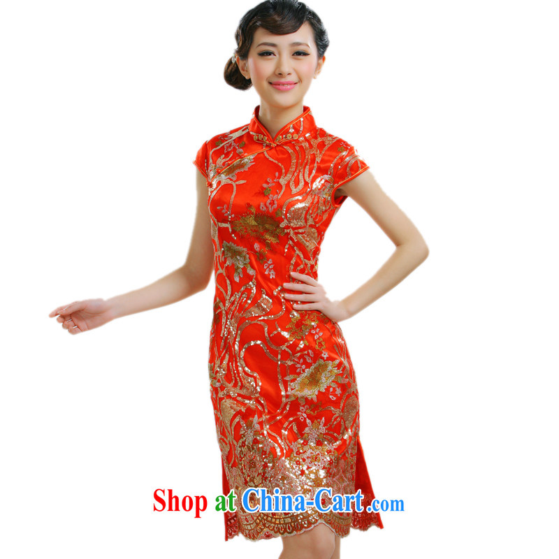 2014 new bride dresses with improved chip beads cheongsam Stylish retro dresses summer new cheongsam QT 033 red XL