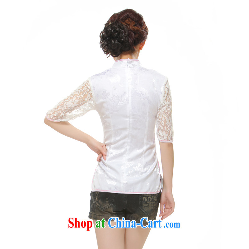 Slim li know 2014 new Ms. T-shirt with Openwork lace embroidery improved stylish short cheongsam QW 2 - 113 white XXL, slim Li (Q . LIZHI), shopping on the Internet