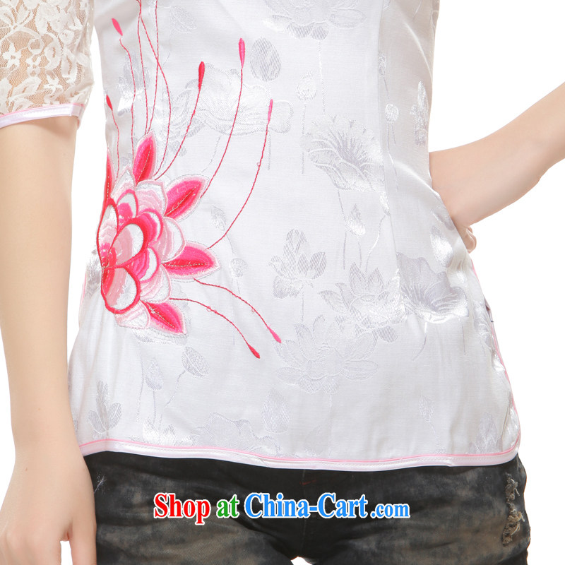 Slim li know 2014 new Ms. T-shirt with Openwork lace embroidery improved stylish short cheongsam QW 2 - 113 white XXL, slim Li (Q . LIZHI), shopping on the Internet