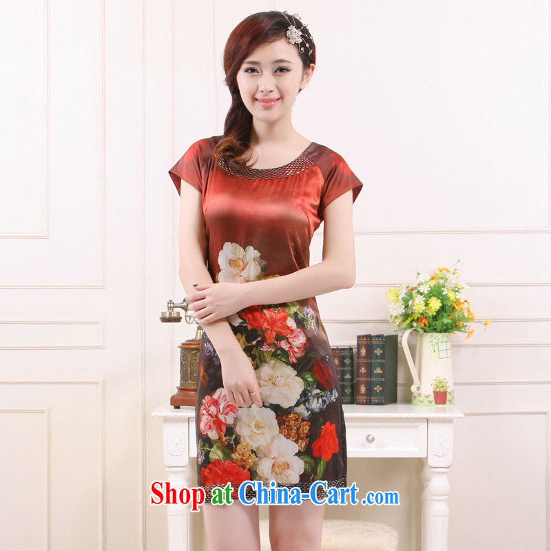 2015 new, round collar manually staple Pearl improved Silk Cheongsam loose Peony-clothing slim Li know QR 5217 wine red XL