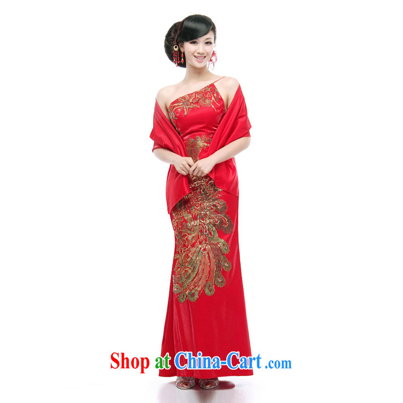 Mrs Alexa Lam go scot red Satin tail dress embroidery Phoenix Chinese improved cheongsam dress with shoulder cultivating marriages served toast 09,652 red with M paragraph