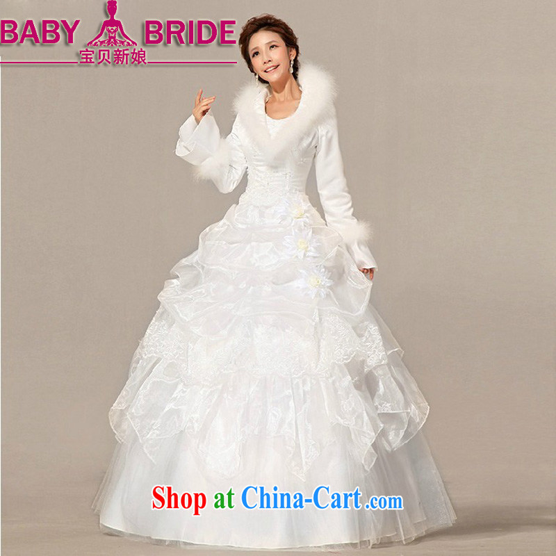 Baby bridal wedding dresses new 2014 winter wedding with hair style Korean long-sleeved the cotton wedding field shoulder warm graphics thin wedding white XXL