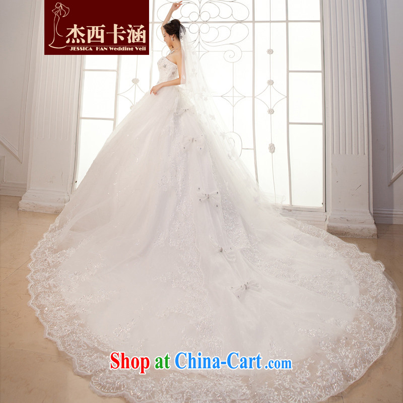 Jessica covered by wedding dresses 2014 new Princess bride Korean version Mary Magdalene chest lace tied with the tail 2053 m White XL
