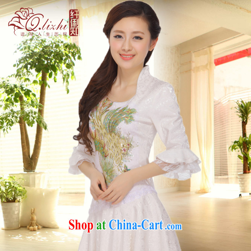 Slim li know 2015 spring and summer New China wind beads, embroidery lace cuff Princess retro improved stylish Phoenix cheongsam dress QLZ Q 15 6011 blue M, slim Li (Q . LIZHI), online shopping
