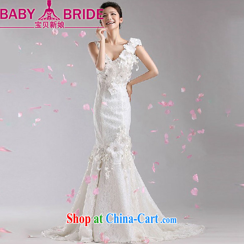 Baby bridal tail wedding 2014 new Korean white spring and summer bridal wedding lace V-neck crowsfoot wedding dresses white M