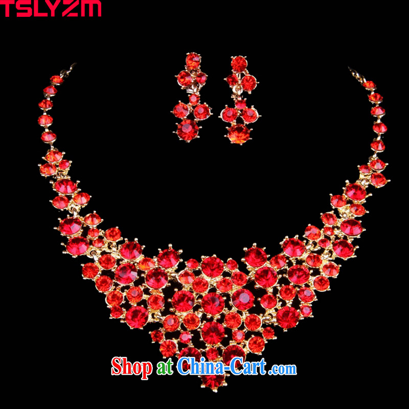 Tslyzm bridal jewelry red and water drilling earrings Kit costumed classic wedding necklace set with XL 015