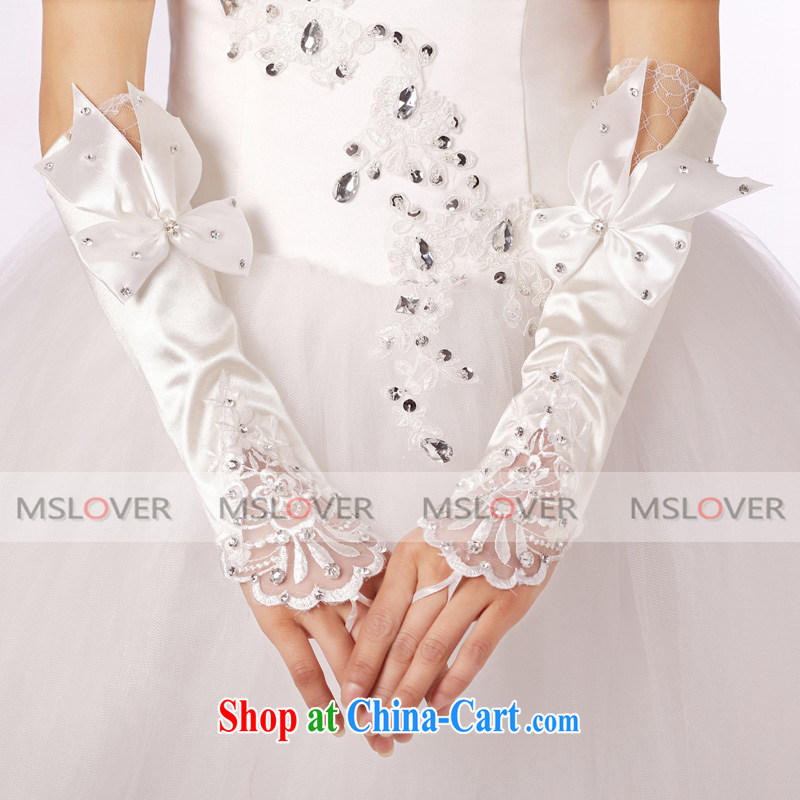 MSLover luxury lace inserts drill bow-tie Satin 5 refer to long, bridal wedding gloves wedding gloves ST 1202 m White