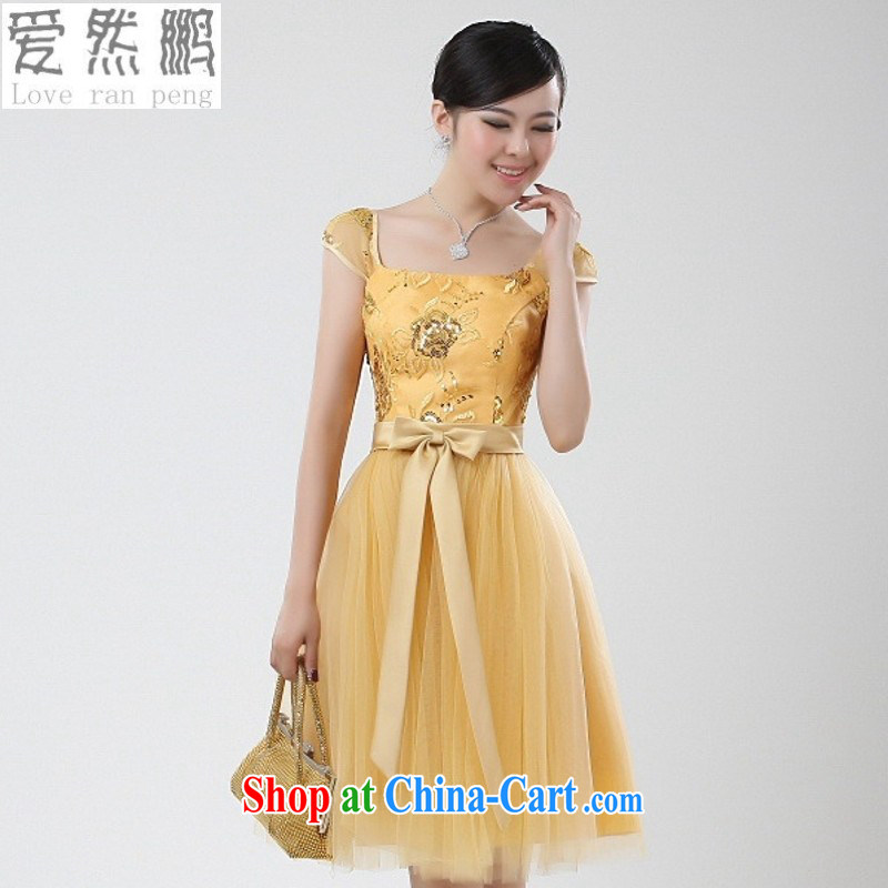 Love so Pang pink graphics thin package shoulder a shoulder Princess shaggy dress small dress bridesmaid fitted short dress A 096 yellow customer size will not be returned.