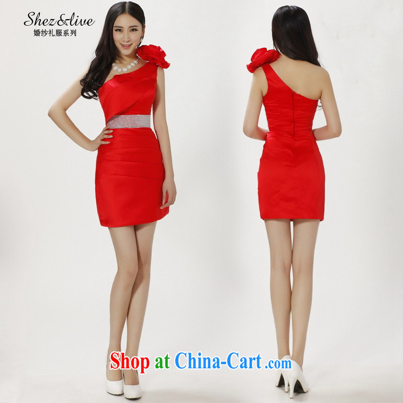 Shez _live female 2014 marriages single shoulder dress short bridesmaid toast small dress with shoulder flowers dress red XXL