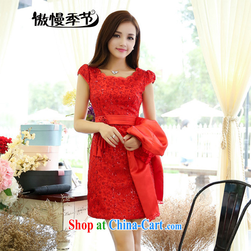 The Hee-2014 autumn new bride's red petticoat wedding lace red petticoat bridal back-door long-sleeved dresses red bows red XL