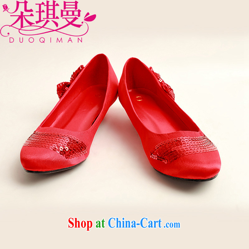 Flower Angel Cayman marriages red flash chip side sweet bowtie red wedding shoes, low-root, simple and elegant and classy, and 100 ground red 39