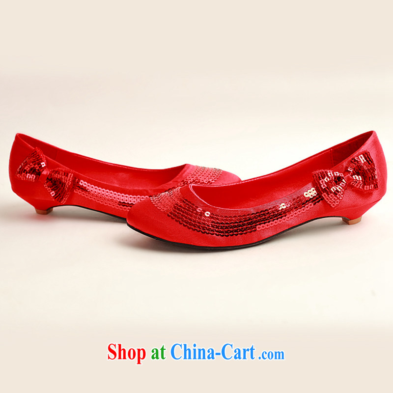 Flower Angel Cayman marriages red flash chip side sweet bowtie red wedding shoes, low-root, simple and elegant and classy, and 100 ground red 39, flower Angel (DUOQIMAN), shopping on the Internet