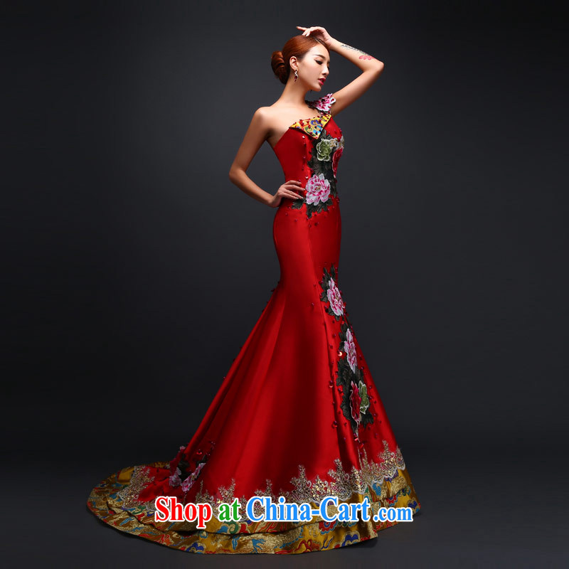 Love Life retro embroidered dragon robe dress single shoulder cultivating crowsfoot dress marriages, long-tail bows service wedding red S, love life, and shopping on the Internet