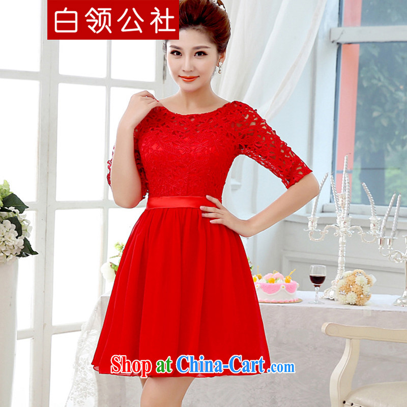 White-collar Corporation bridal wedding dress 2015 wedding dresses red Openwork lace short bows clothing bridesmaid dress red S