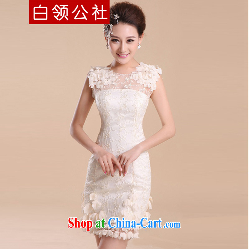 White-collar Corporation new 2015 sexy shoulders wedding bridesmaid dress uniform Openwork lace bare chest small dress wedding dresses beige S