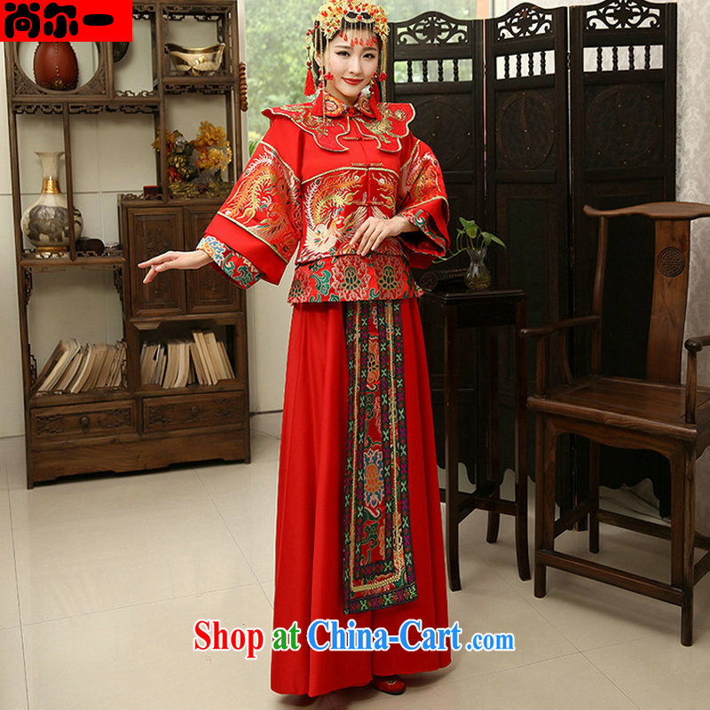 There is a bride's dress red Chinese Antique toast served long-sleeved wedding dresses-su Wo service pregnant women to wear XS 1014 red L