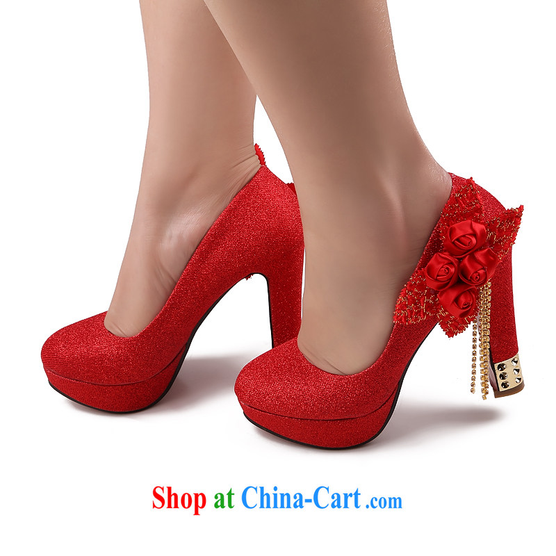Lisa Donald Rumsfeld's autumn light port sweet flowers lift deck wedding shoes round-head fine heel women shoes high-heel shoes, shoe shine the national package mail red 39 12 cm high, so Pang, shopping on the Internet
