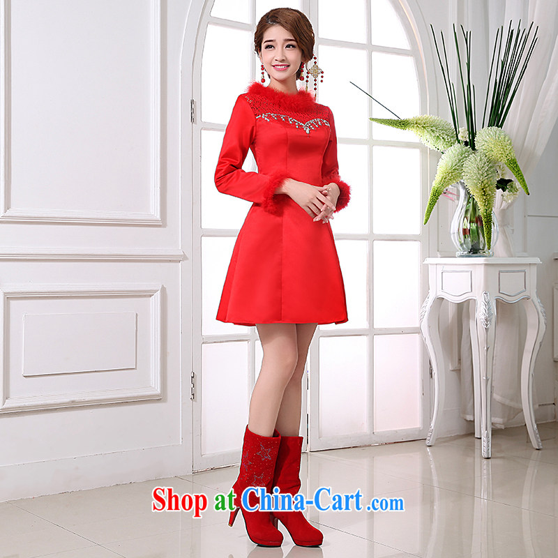 bridal gown long-sleeved dresses fall on new 2014 red bows clothes winter wedding dress short, the code M pieced, so Pang, shopping on the Internet