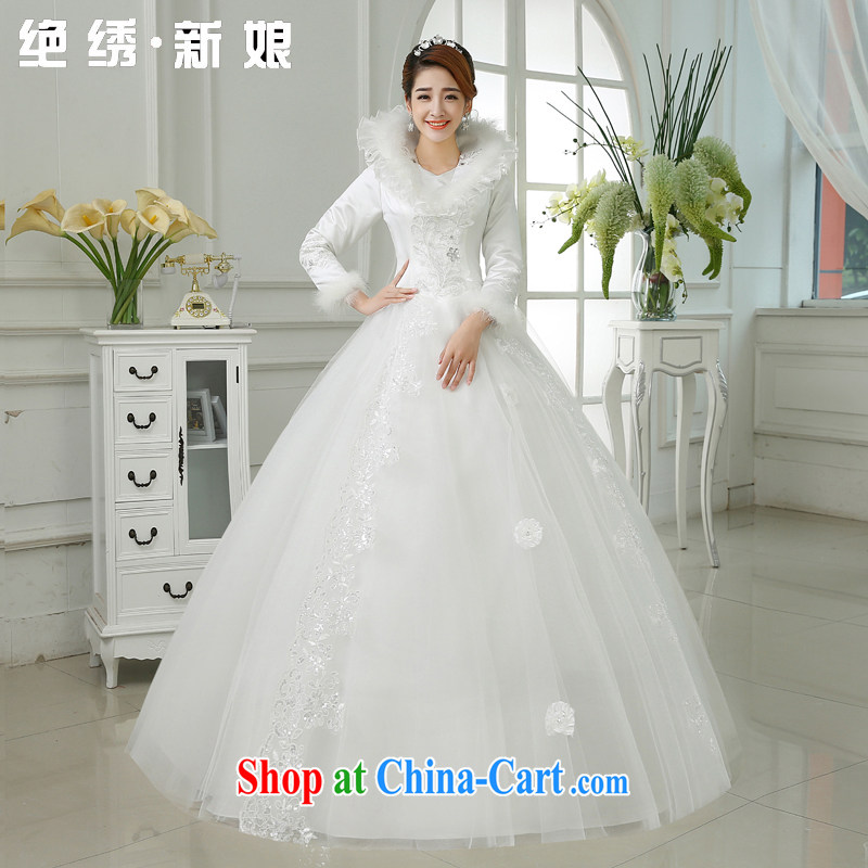 There is embroidery bridal upscale winter wedding dresses 2015 new winter wedding winter clothes cotton long-sleeved wedding white XXXL 2 feet 4 waist Suzhou shipping