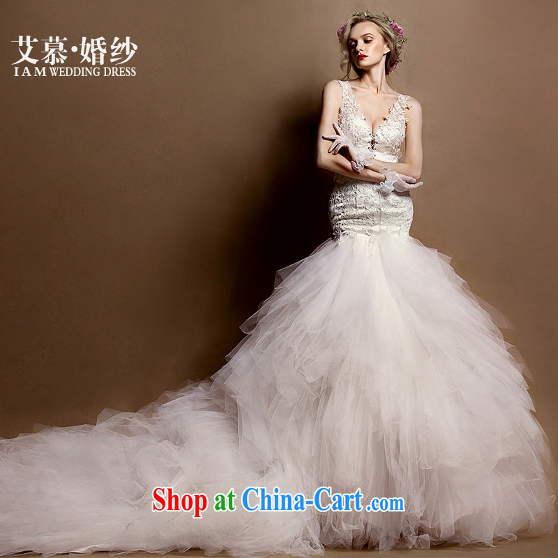 With the 2015 spring new ya -- Deep V lace crowsfoot tail half revealed the bride wedding dresses ivory L