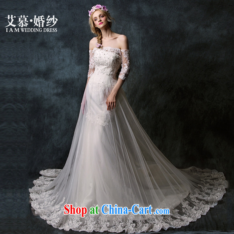 With the 2015 spring new Magic and wiped his chest one shoulder lace long-sleeved crowsfoot tail wedding dresses ivory L