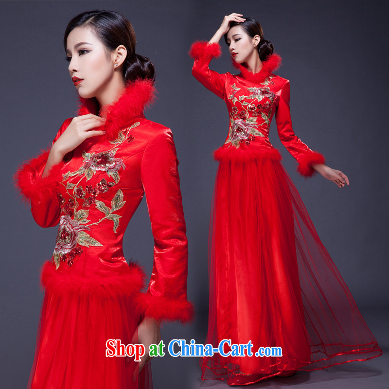 2014 long red dress improved wedding dresses, winter cotton thick bridal long-sleeved wedding dresses bows to customer size will not be refunded, love so Pang, shopping on the Internet