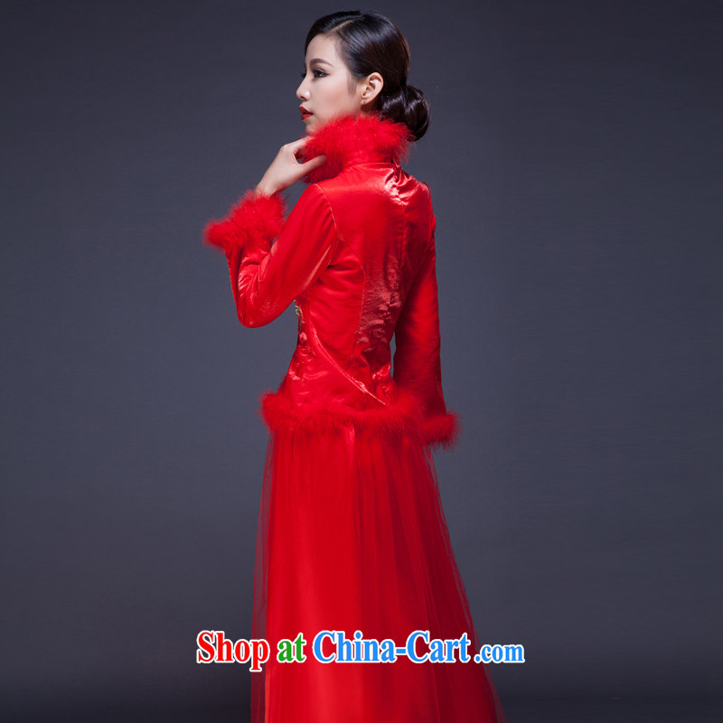 2014 long red dress improved wedding dresses, winter cotton thick bridal long-sleeved wedding dresses bows to customer size will not be refunded, love so Pang, shopping on the Internet