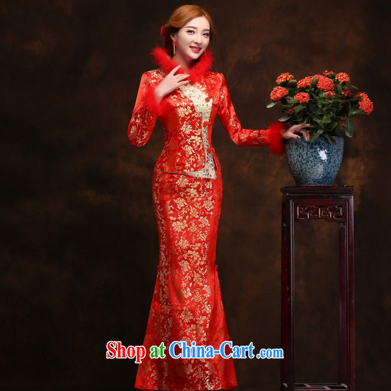 2014 fall_winter new marriages red cheongsam dress long, long-sleeved cultivating crowsfoot married cheongsam dress customer size will not be returned.