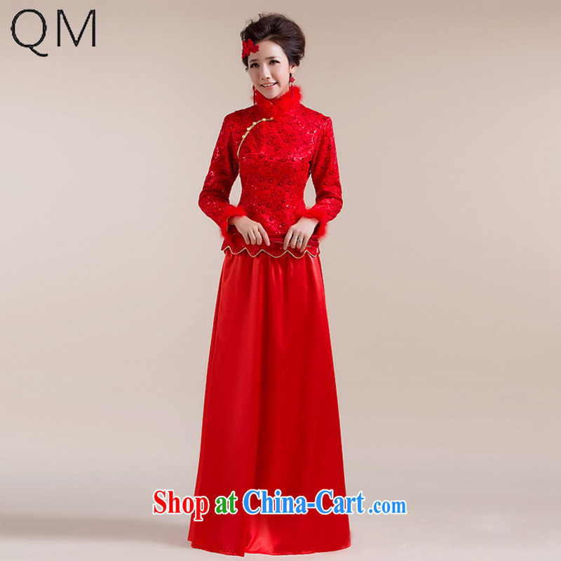 Shallow end _QM_ Gross Gross for cuff dot decoration aliasing, with drag and drop, long skirt Chinese wedding dresses CTX red XXL