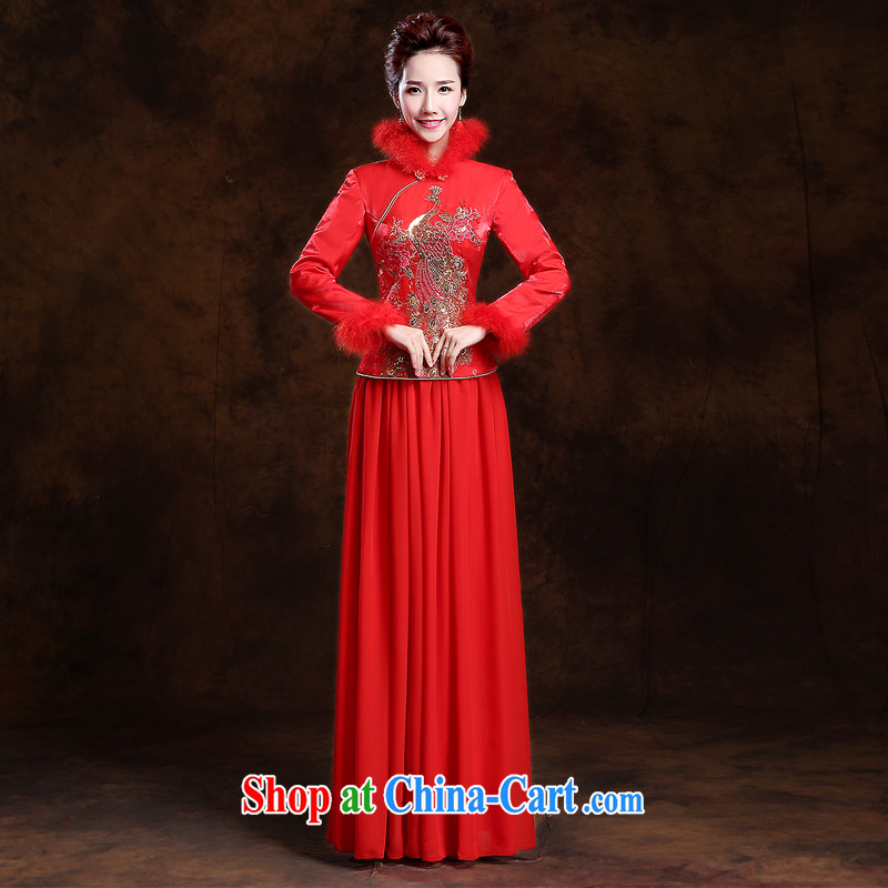 Autumn and Winter bridal thick hair for long dresses new 2014 red retro wedding dress toast serving long-sleeved quality assurance the cotton thick