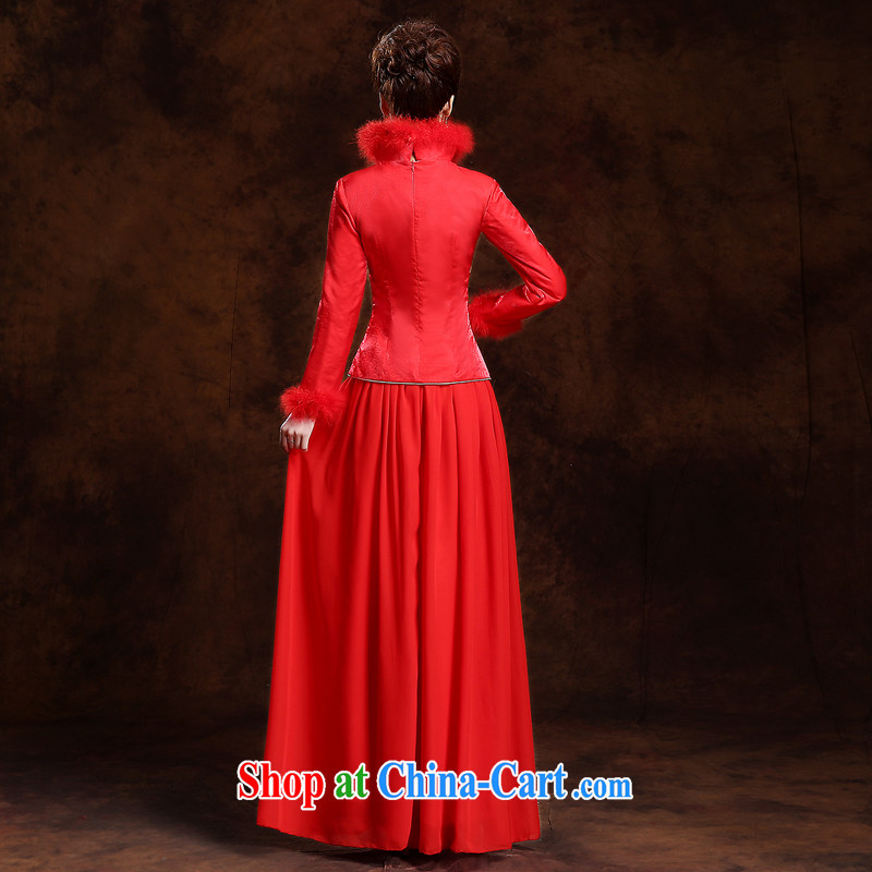 Autumn and Winter bride's thick hair for long dresses new 2014 red retro wedding dress toast serving long-sleeved quality assurance the cotton thick, love so Pang, shopping on the Internet