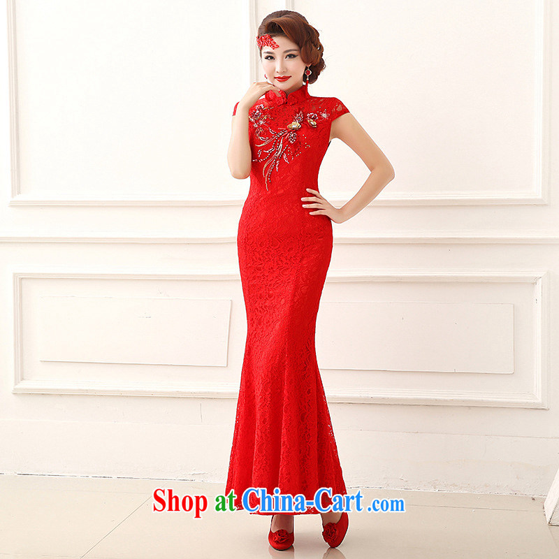 Light (at the end QM) Marriages retro lace cheongsam crowsfoot long red bows cheongsam CTX QP 153 red XXL, shallow end, shopping on the Internet