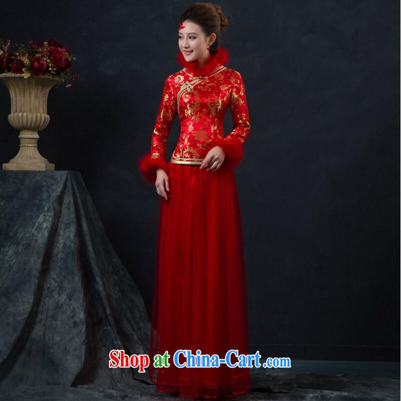 Winter bridal wedding dress toast service 2014 new stylish red long-sleeved long quilted winter dresses with thick client to size up to be returned.