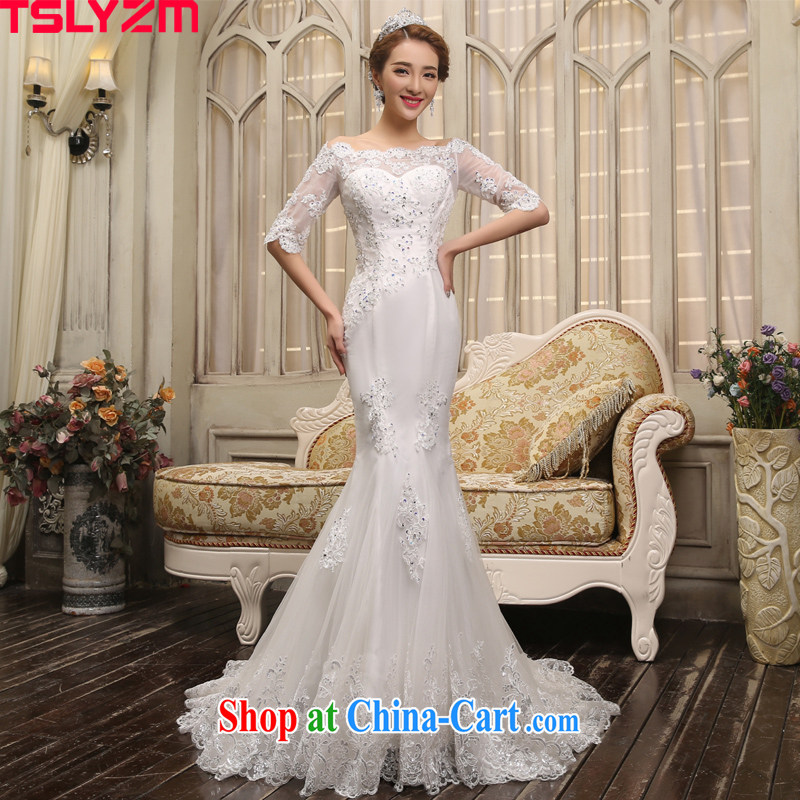 2015 Tslyzm the waist a Field shoulder crowsfoot wedding dresses-tail spring and summer new, satin, cuff drill beauty lace skirt white XXL