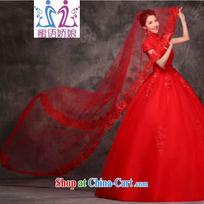 Honey, bride red head yarn lace lace bridal wedding wedding long head yarn red head yarn red lid veil Web yarn red 3M