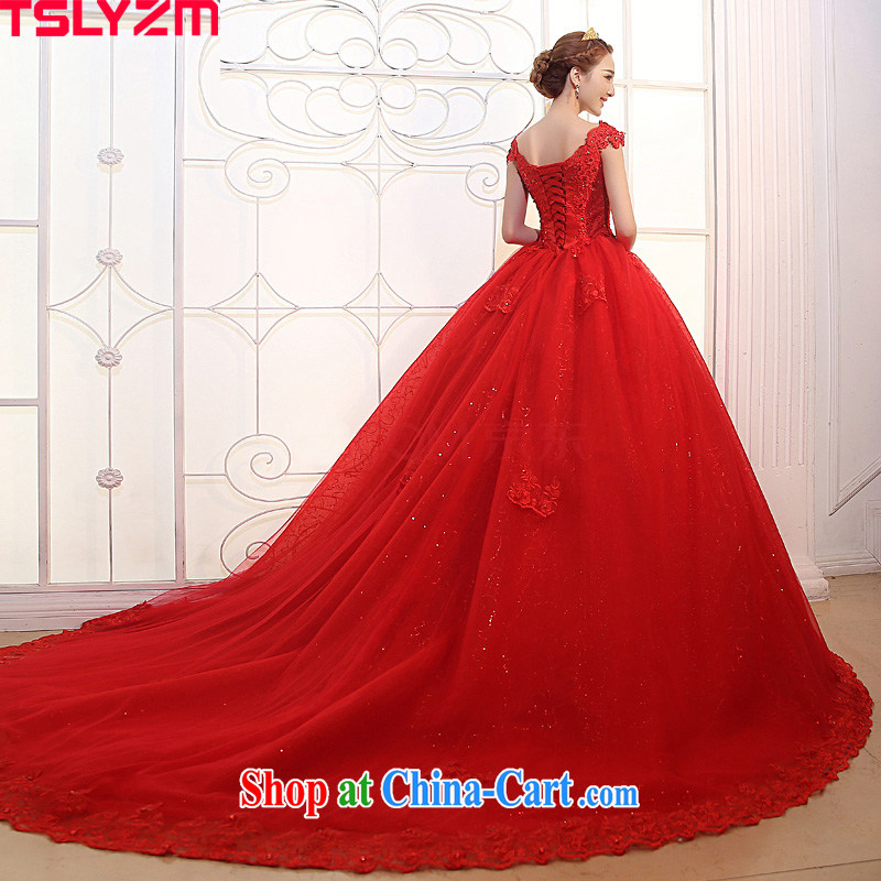 Tslyzm red wedding long-tail shoulders 2015 spring and summer new water drilling lace bridal wedding wedding dress, C XXL