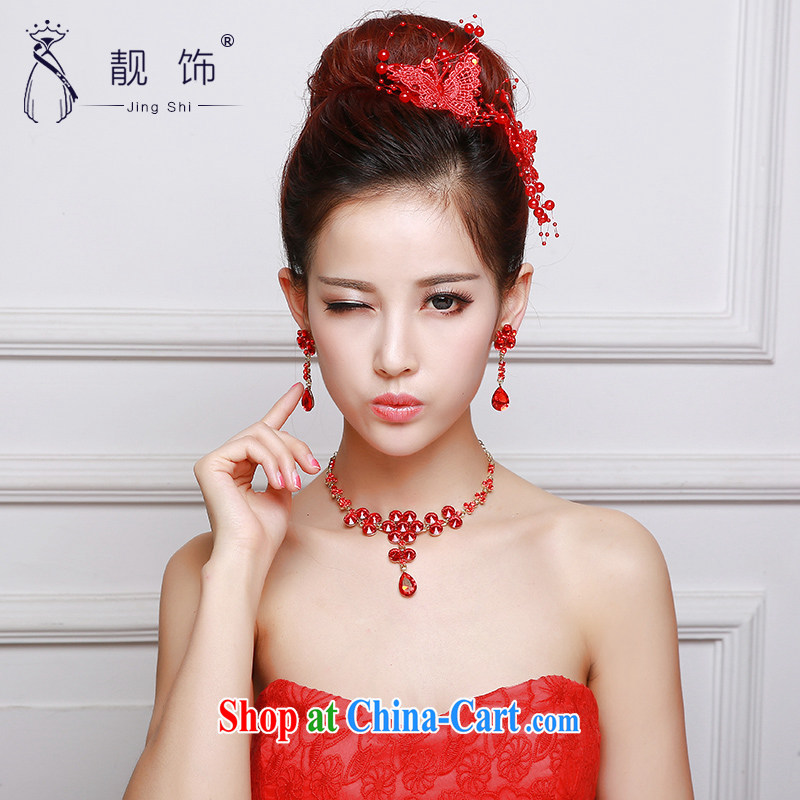 Beautiful ornaments 2015 new bridal red head-dress red butterfly knot trim Crown necklace earrings 3-piece red bow-tie package 035, beautiful ornaments JinGSHi), shopping on the Internet