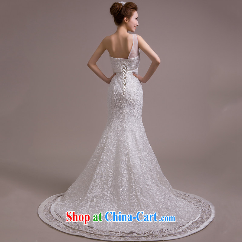 2015 new stylish wedding dresses Korean minimalist single shoulder-waist crowsfoot graphics thin lace-tail tied with antique white XL, blooming Crazy (chunhuaqiuyue), online shopping