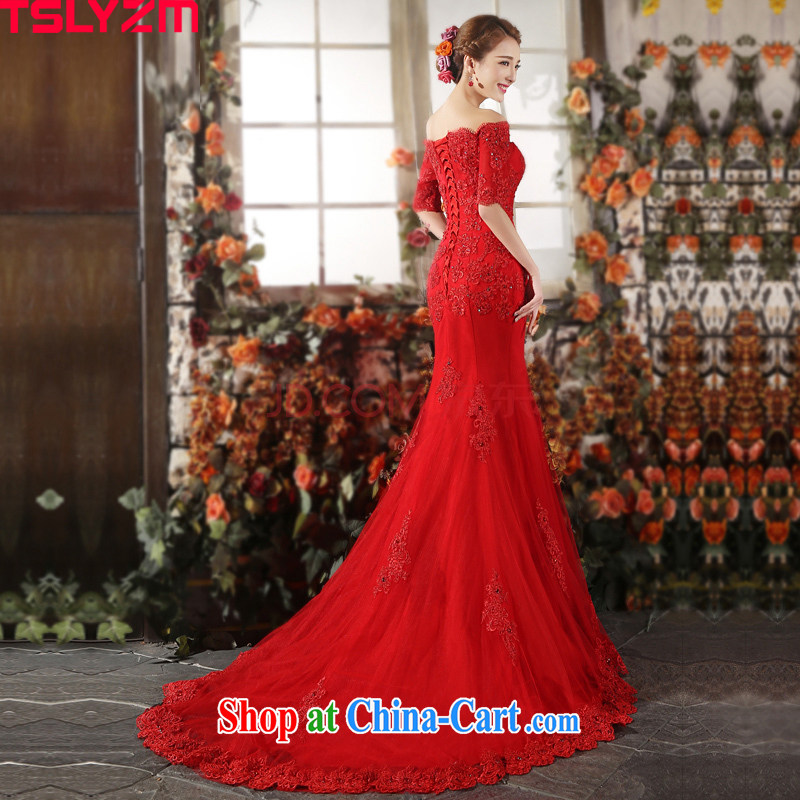A Tslyzm field shoulder crowsfoot wedding tail red 2015 spring and summer new water drilling the waist beauty graphics thin lace skirt female Red XXL, Tslyzm, shopping on the Internet