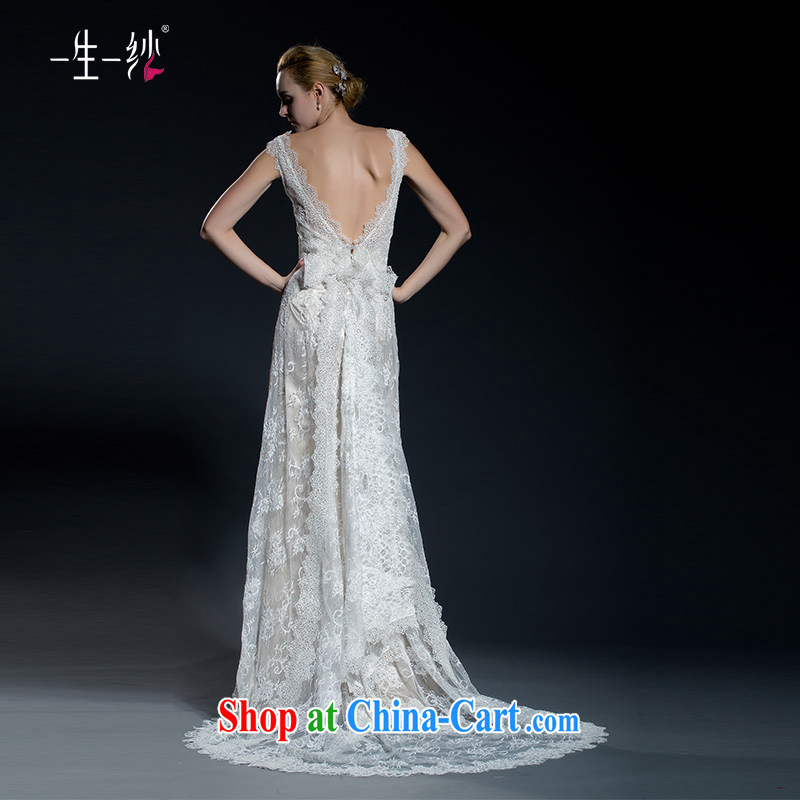 2015 new lace shoulders V for long-tail graphics thin wedding Princess lace Korean flowers crowsfoot wedding 40251092 champagne color XL code 30 days, pre-sale, a yarn, shopping on the Internet
