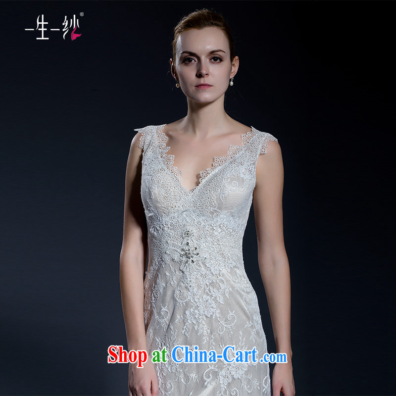 2015 new lace shoulders V for long-tail graphics thin wedding Princess lace Korean flowers crowsfoot wedding 40251092 champagne color XL code 30 days, pre-sale, a yarn, shopping on the Internet