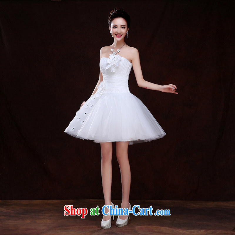 The china yarn short wedding shaggy dress bridesmaid dress chest bare flowers 2015 spring marriages Korean small white dress white L and China yarn, shopping on the Internet