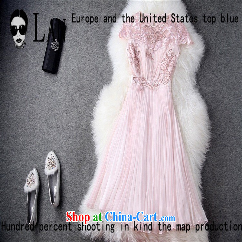 Health concerns women's clothing * 2014 spring in Europe and America Women's clothes new dress dress hand made embroidered pin pearl cultivation 100 hem double-yi long skirt T 1426 pink L, blue rain bow, and shopping on the Internet