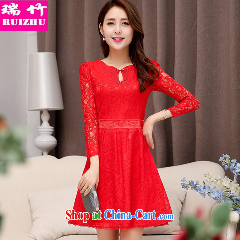 Shui bamboo 2015 spring and summer with new Korean Beauty graphics thin red wedding dresses bridal wedding toast bridesmaid dress sweet Korean long-sleeved lace skirt red XXL