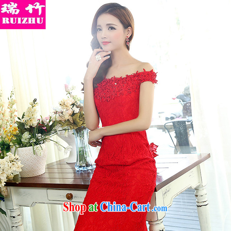 Shui bamboo 2015 spring and summer, the girl with a shoulder-tail married women wedding Korean version the waist beauty graphics thin strap crowsfoot lace dresses evening dress red XL