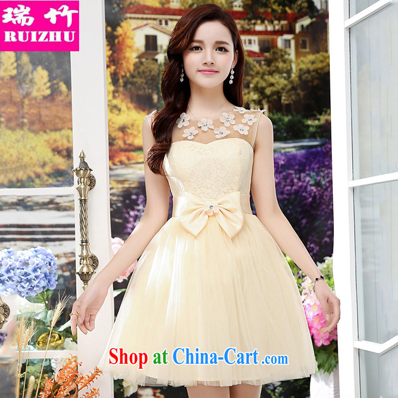 Shui bamboo 2015 spring and summer with new lace stitching the root yarn shaggy dress wedding dress back exposed sexy Web yarn parquet flowers the waist straps increase beauty Princess apricot XL