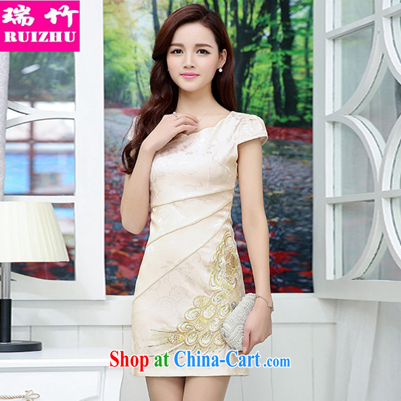 Shui bamboo 2015 Spring Summer Fall new Chinese Antique improved cheongsam embroidered wedding Chinese wedding dresses beauty graphics thin hotel KTV clothing short-sleeved dresses white and yellow XXL, Shui bamboo (RUIZHU), online shopping