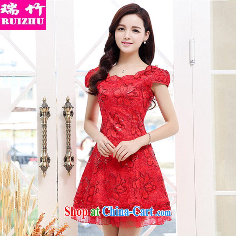 Shui bamboo 2015 Spring Summer Fall with new Korean version of the greater V collar embroidered, bridal wedding dresses beauty graphics thin short-sleeved hosted the annual dinner will be served red XXL